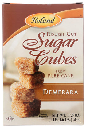 Roland Foods Demerara sugar cubes beside coffee, adding gentle sweetness