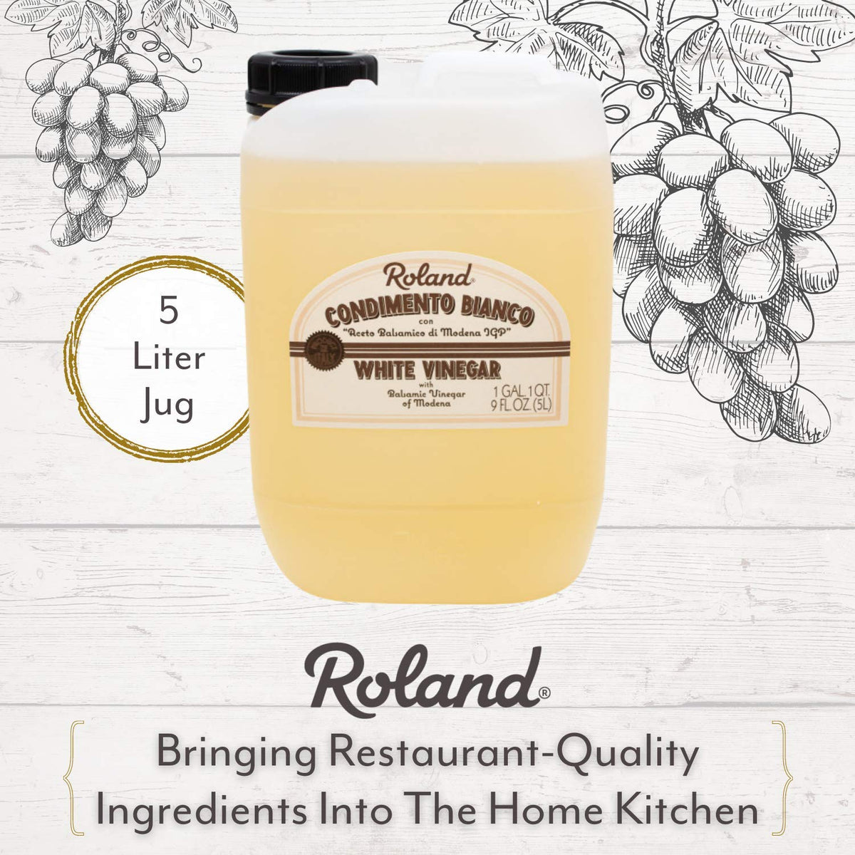 Roland Foods Condimento Bianco close-up label highlighting aging in oak and chestnut.