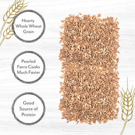 Roland Foods farro pearled grain closeup showing nutty aroma and firm bite.