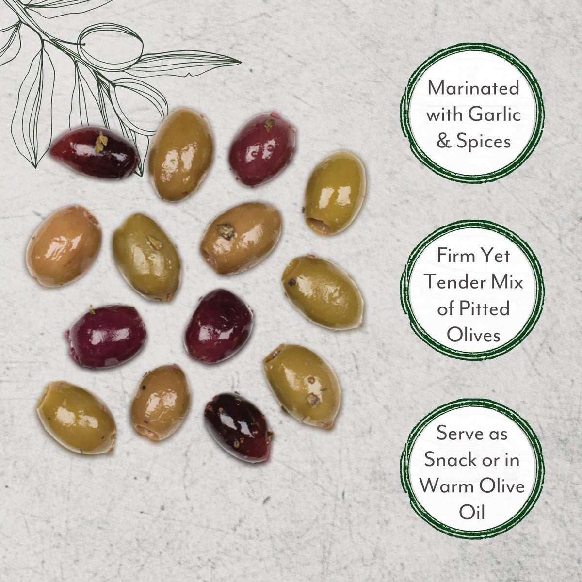 Roland Foods Greek Olive Mix with black olives, ready-to-serve snack option.