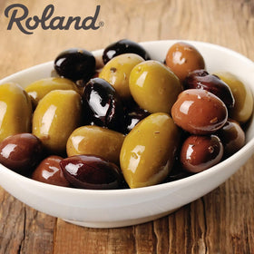 Roland Foods Greek Olive Mix bulk tub, 4 lb 6 oz, great for gatherings.