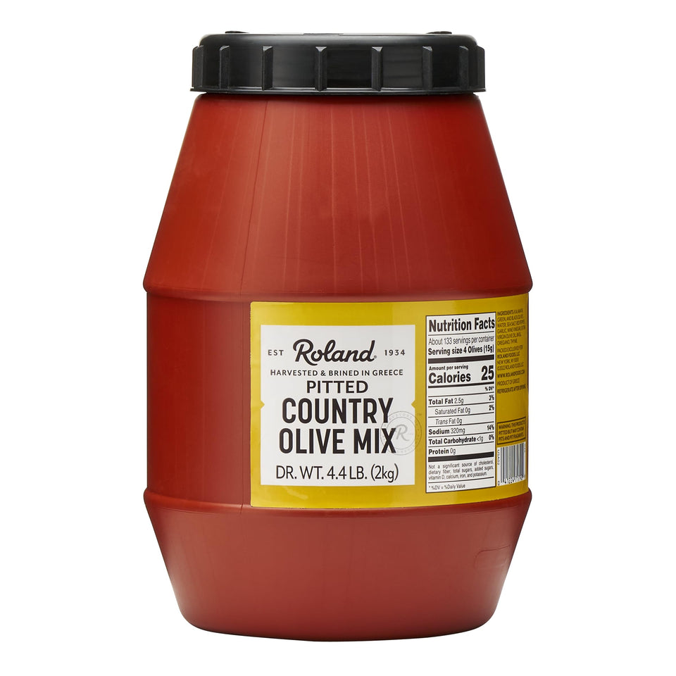 Roland Foods Greek Olive Mix with Kalamata olives, ideal for antipasti trays.