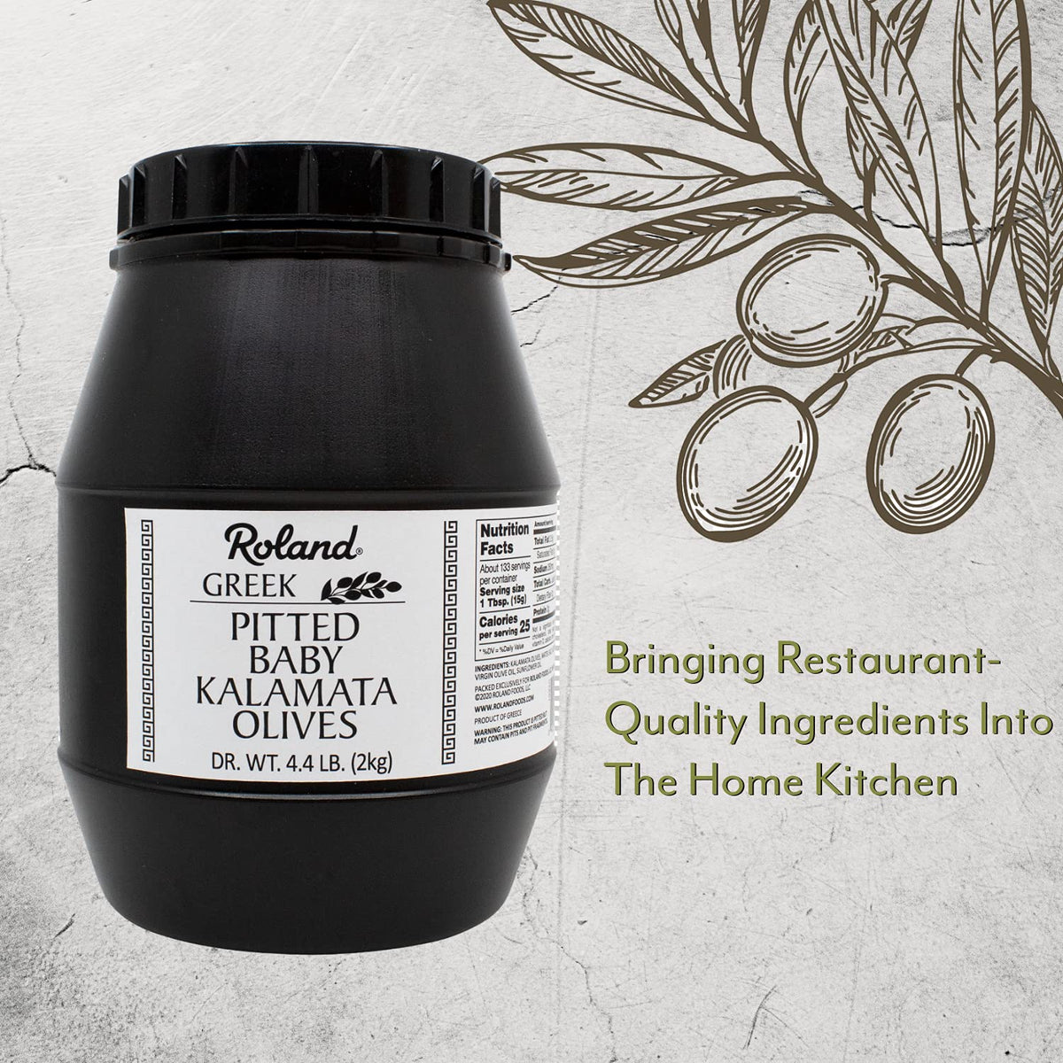 Roland Foods Kalamata olives in brine bowl, elevating pasta with smoky, fruity notes.