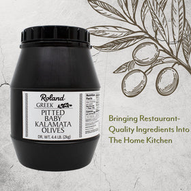 Roland Foods Kalamata olives in brine bowl, elevating pasta with smoky, fruity notes.