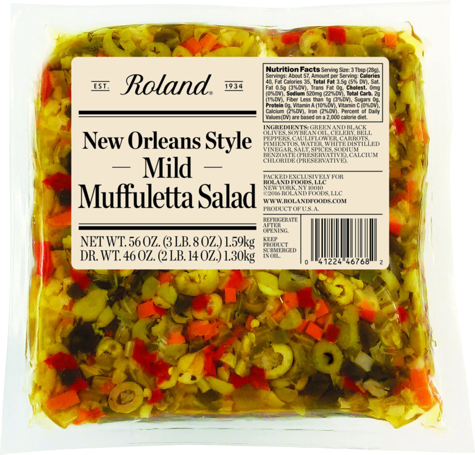 Roland Foods New Orleans muffuletta salad in a 56-ounce pouch for easy catering.