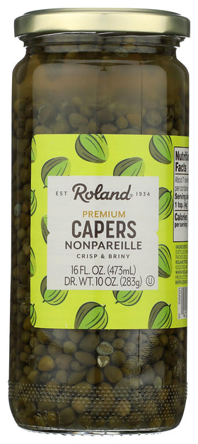 Roland Foods Nonpareille Capers jar showing bright green berries for tangy accents.