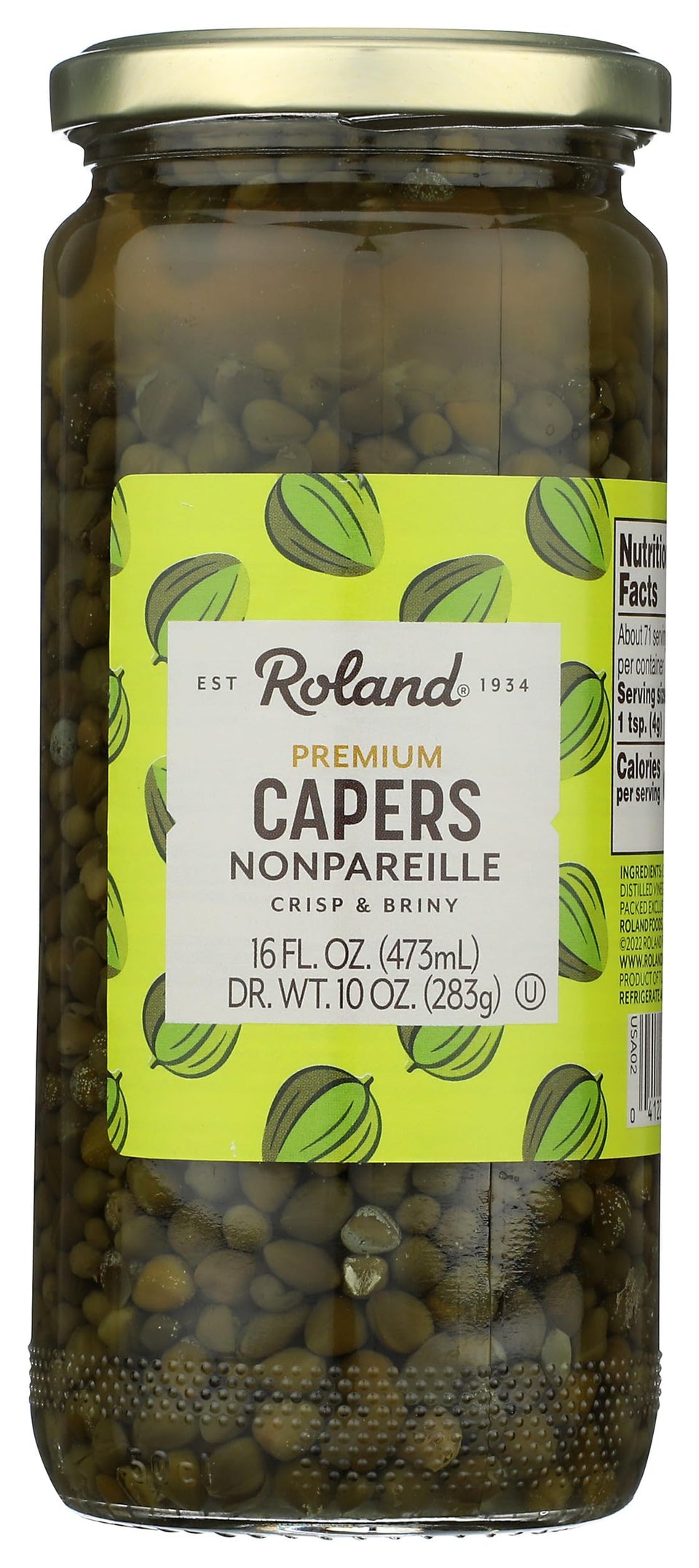 Roland Foods Nonpareille Capers jar showing bright green berries for tangy accents.