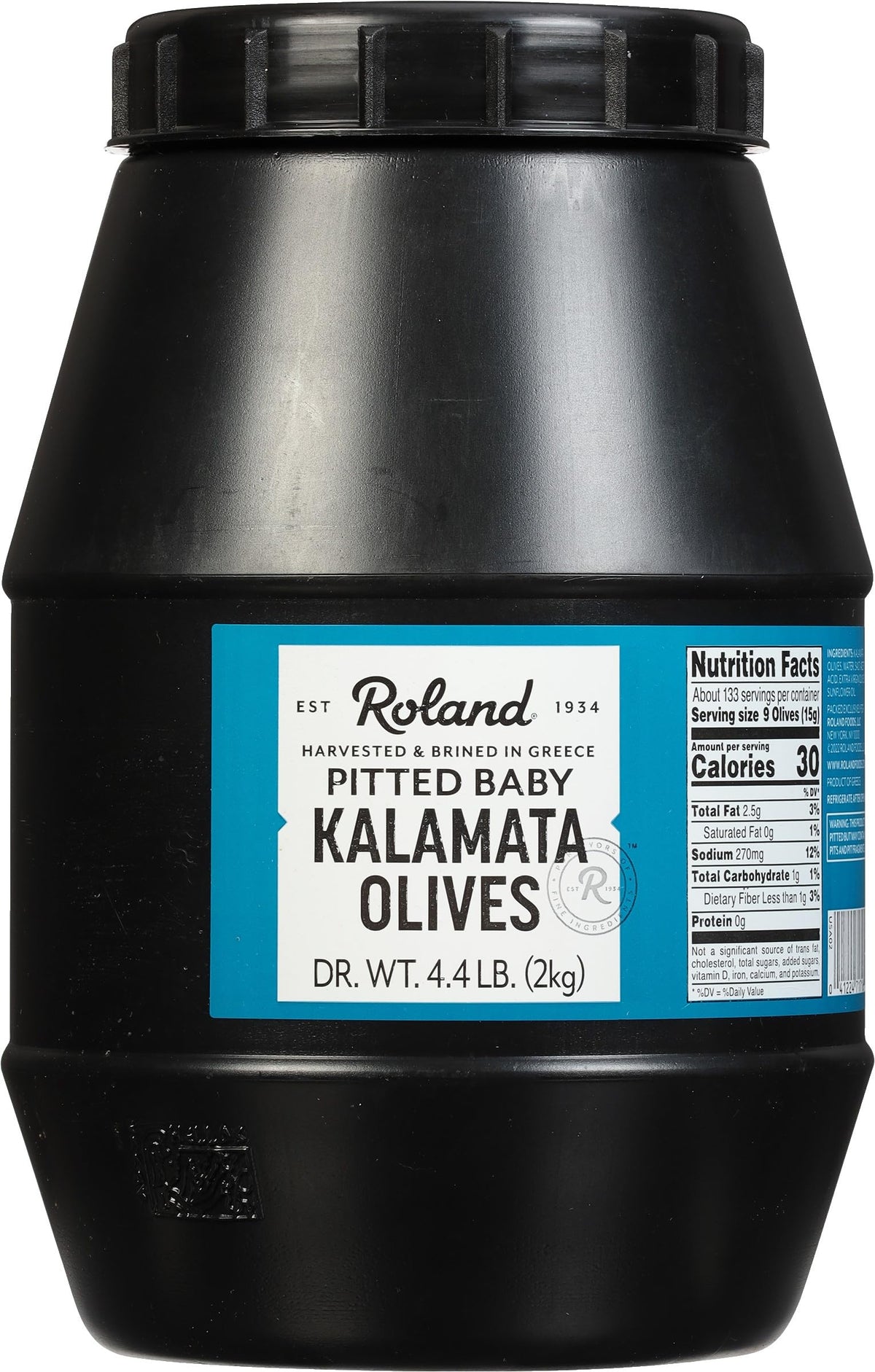 Roland Foods pitted Kalamata olives in a jar, ideal for Mediterranean salads and tapenades.