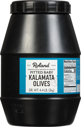 Roland Foods pitted Kalamata olives in a jar, ideal for Mediterranean salads and tapenades.