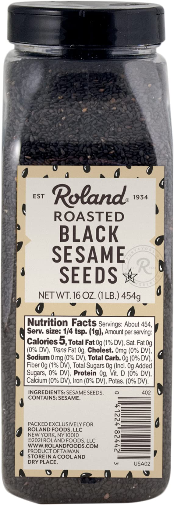 Roland Foods roasted black sesame seeds in container, ready to add nutty flavor to dishes.