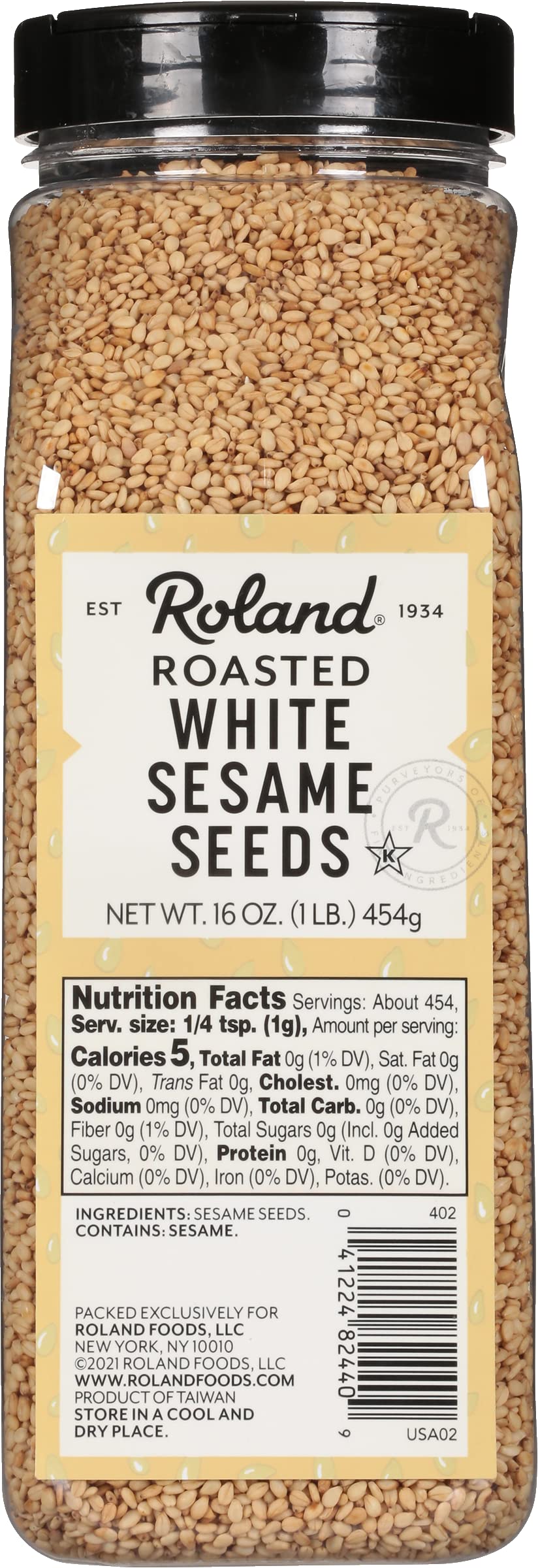 Roland Foods roasted white sesame seeds in a pack, ideal for quick pantry use