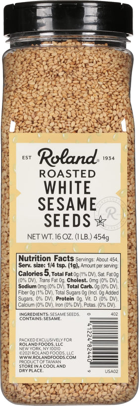 Roland Foods roasted white sesame seeds in a pack, ideal for quick pantry use
