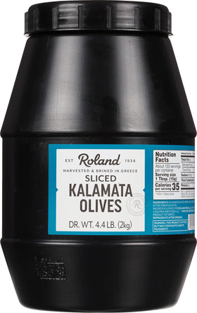 Roland Foods sliced Kalamata olives in a bowl highlighting briny Greek flavor.