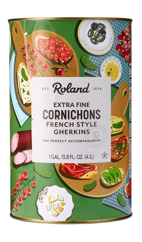 Roland Foods small cornichons garnish close-up; crisp bite for salads and sandwiches.