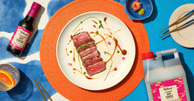 Roland Foods Tamari glaze pour demonstrating multipurpose glaze for proteins and sauces.