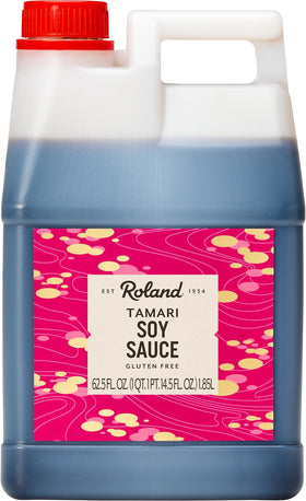 Roland Foods Tamari soy sauce bottle for gluten-free cooking and rich umami.