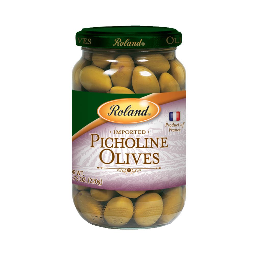 Roland Foods Whole French Picholine green olives in jars with pits, ready for snacking