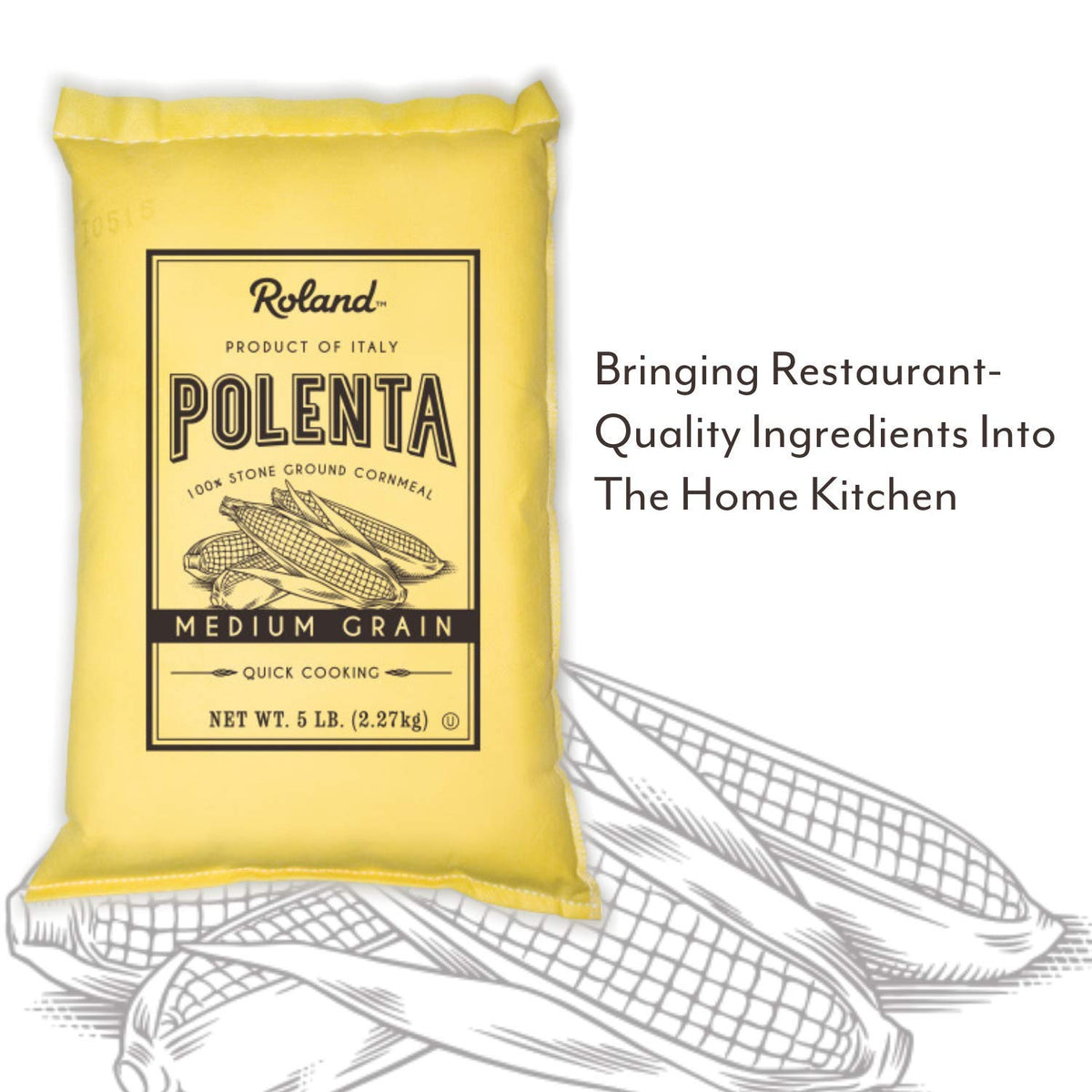 Roland Foods yellow polenta cornmeal close-up highlighting stone-ground texture