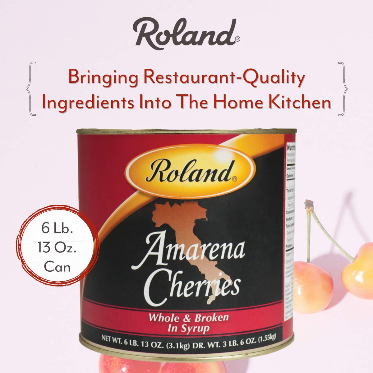 Close-up of Roland Foods Amarena cherries on can label, signaling premium quality.