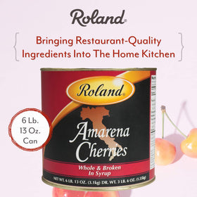 Close-up of Roland Foods Amarena cherries on can label, signaling premium quality.