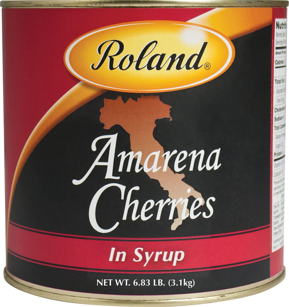 Roland Foods Amarena cherries in syrup can, ready to be used in desserts.