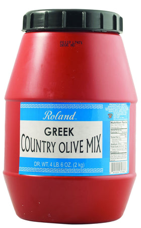 Roland Foods Greek Olive Mix tub front, ideal for bulk entertaining.