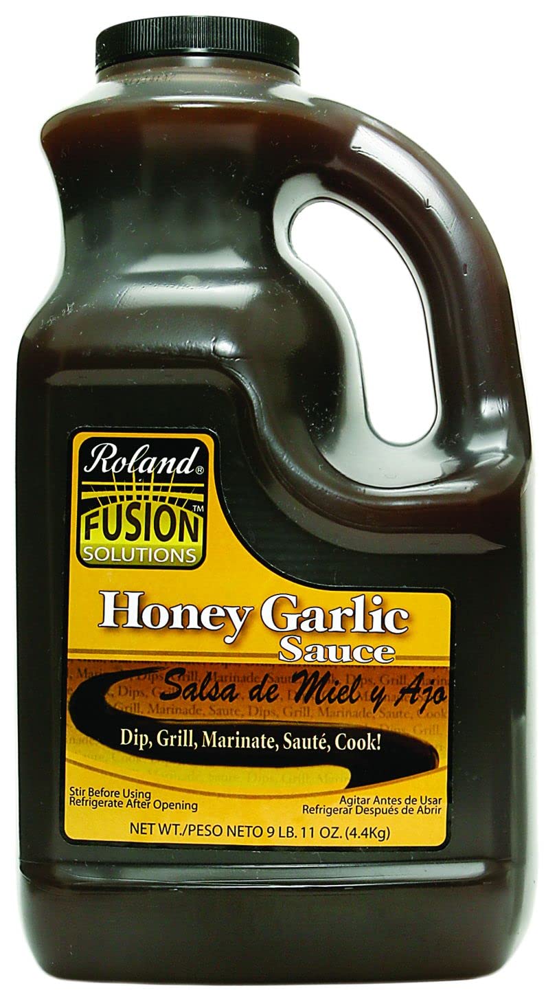 Roland Foods Honey Garlic Sauce bottle closeup ideal for dipping and glazing.
