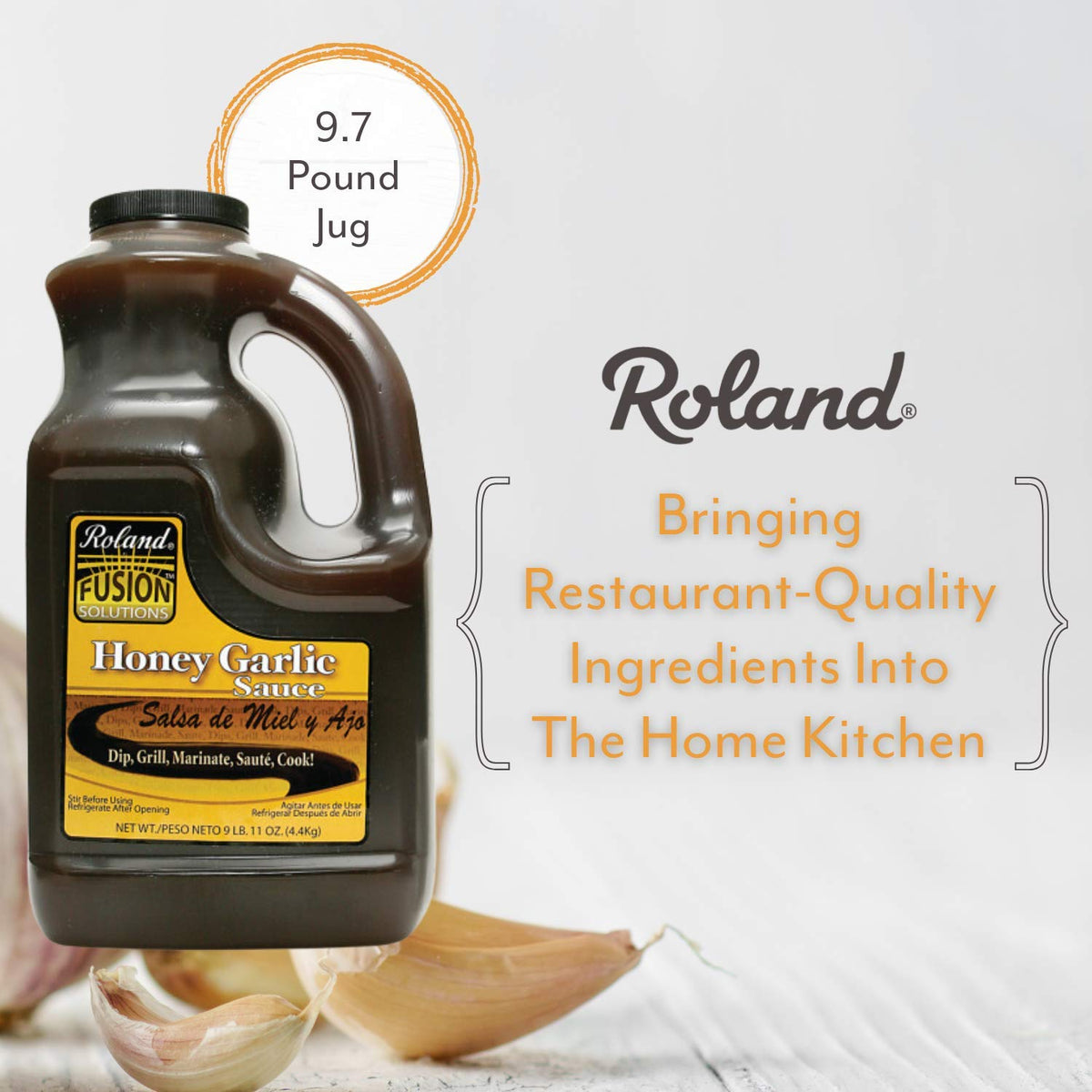 Roland Foods Honey Garlic Sauce label detail highlights premium imported flavor.