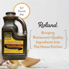 Roland Foods Honey Garlic Sauce label detail highlights premium imported flavor.