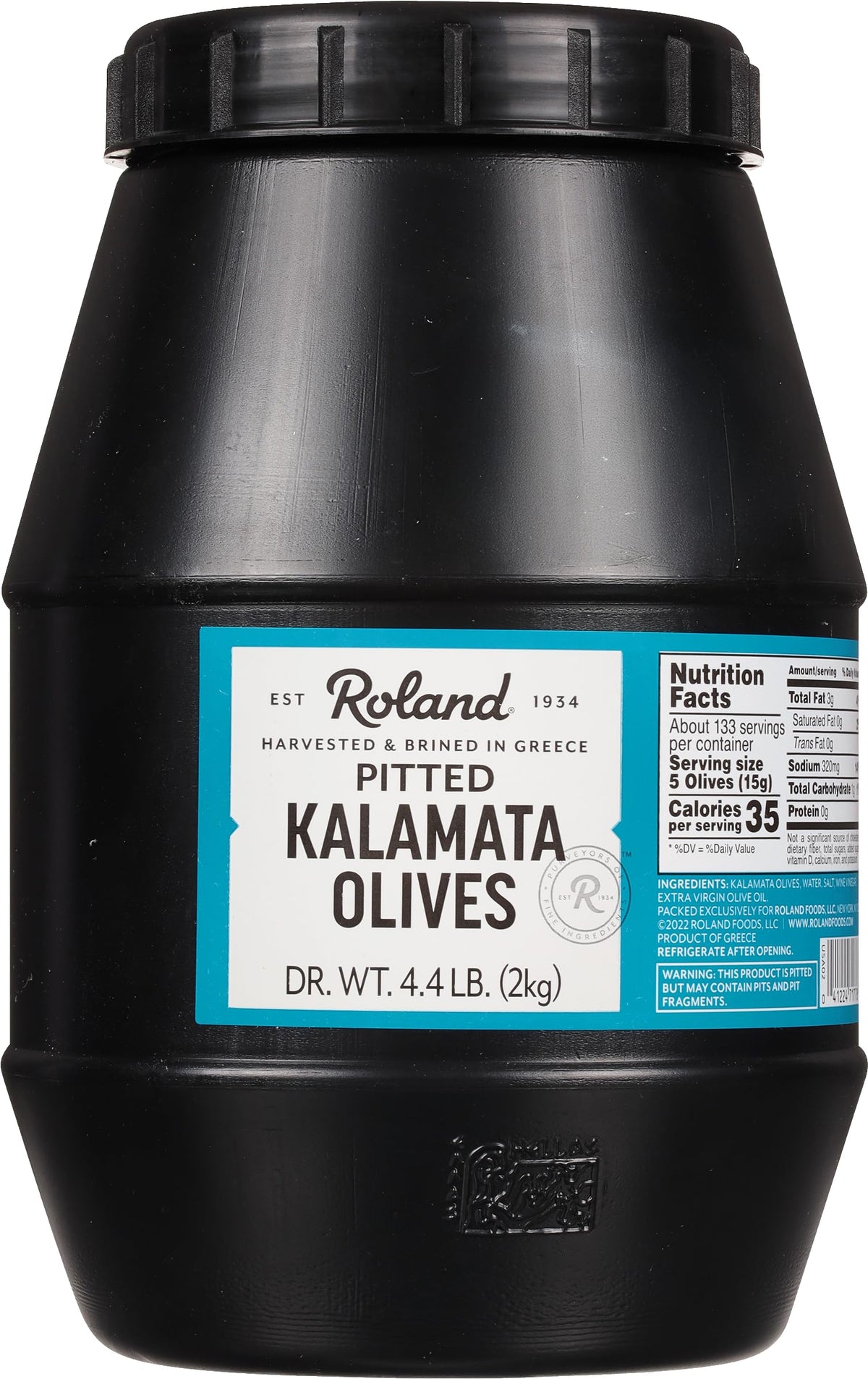 Roland Foods Kalamata olives jar in brine, versatile Mediterranean staple.