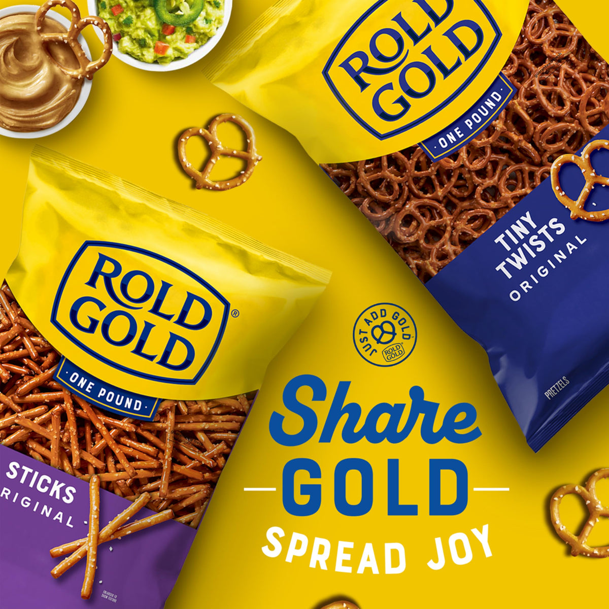 Rold Gold pretzels sticks ready for dipping with warm dips