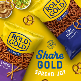 Rold Gold pretzels sticks ready for dipping with warm dips