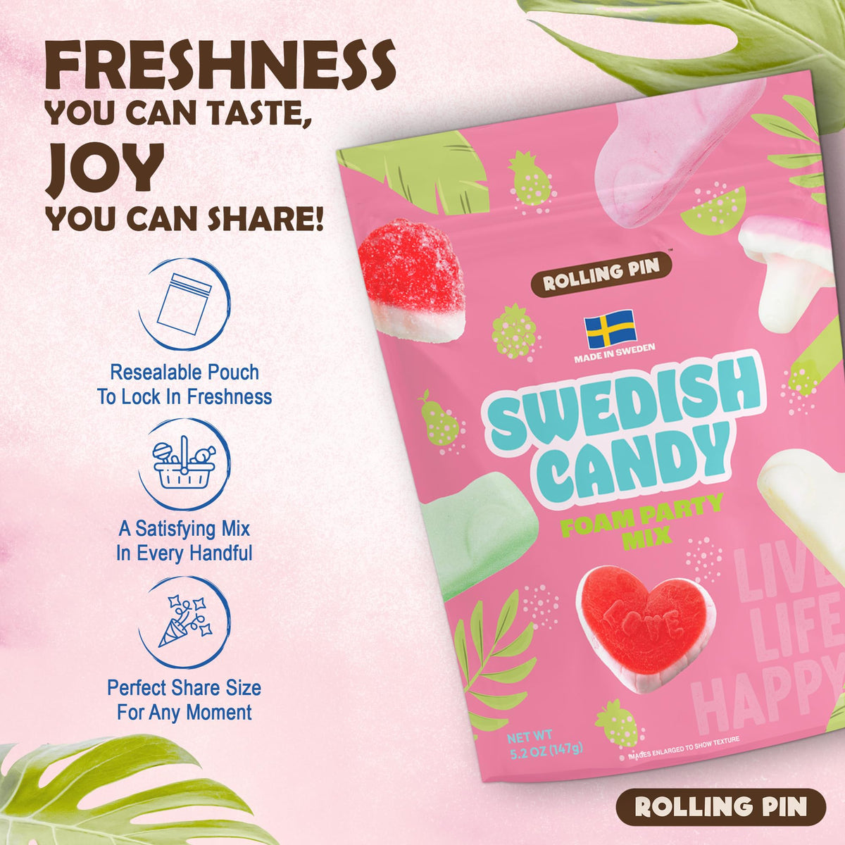 Rolling Pin Swedish Candy Variety bag closeup for lunchboxes