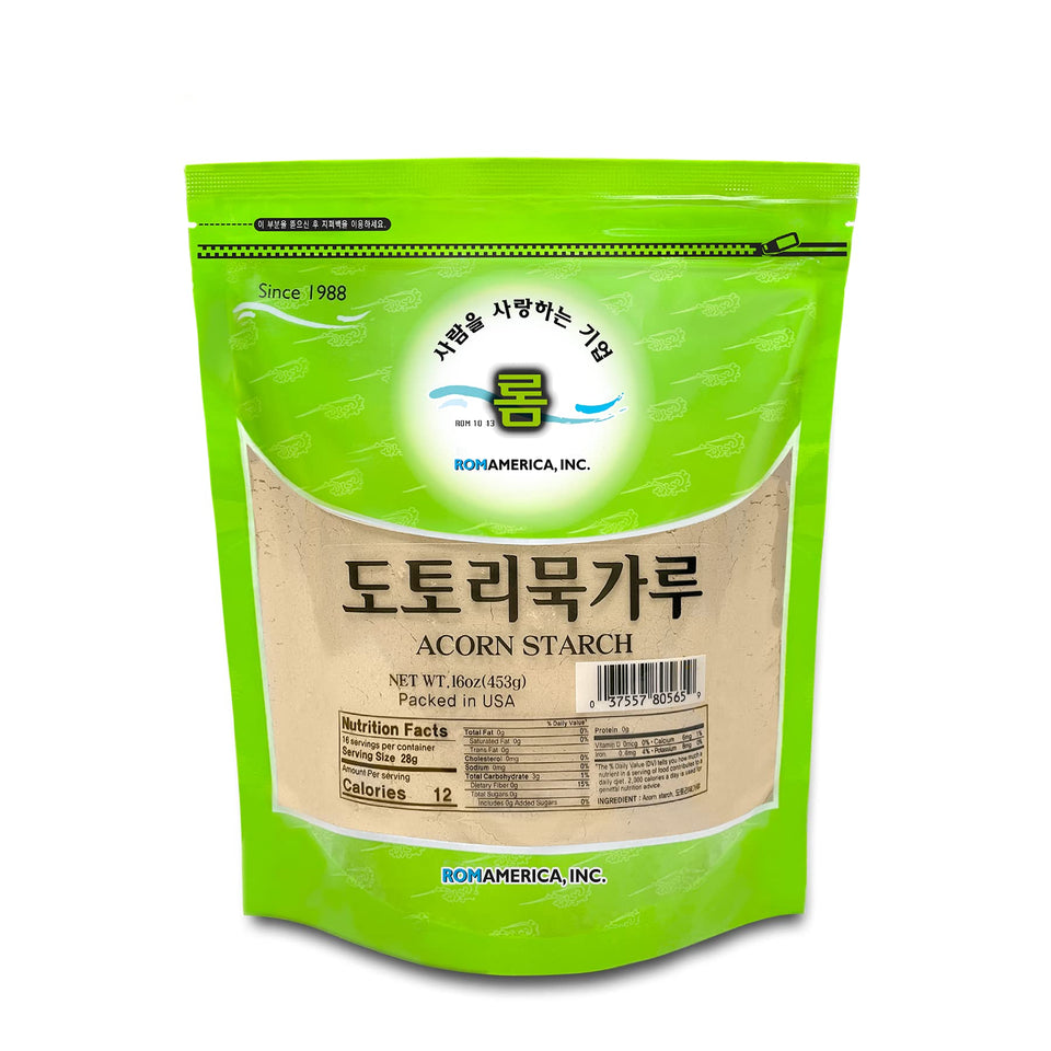 ROM AMERICA Acorn Flour packaging, 1 lb bag for gluten free meals.