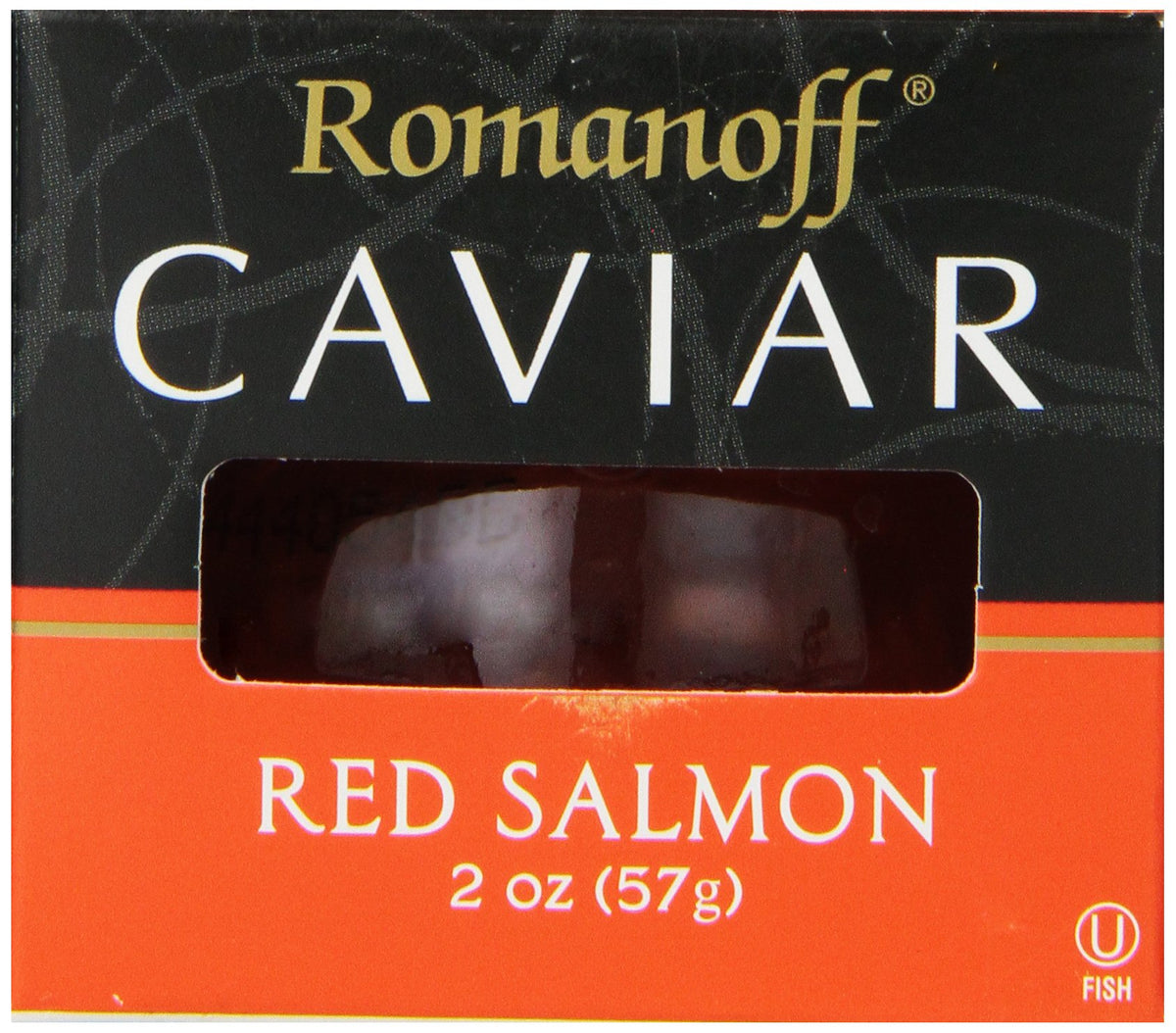 Romanoff Red Salmon Caviar 2oz jar front view, ideal for gourmet canapés.