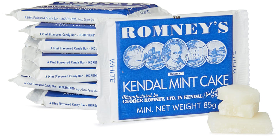 Romney's Kendal Mint Cake 85 g pack-8 front view; ideal energy boost for hikers.