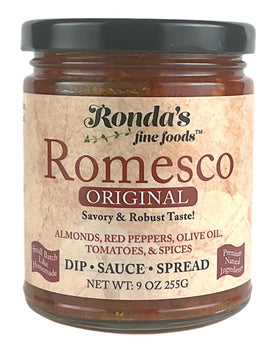 Ronda's Fine Foods Romesco front jar shows thick, artisanal texture ideal for spreading and dipping
