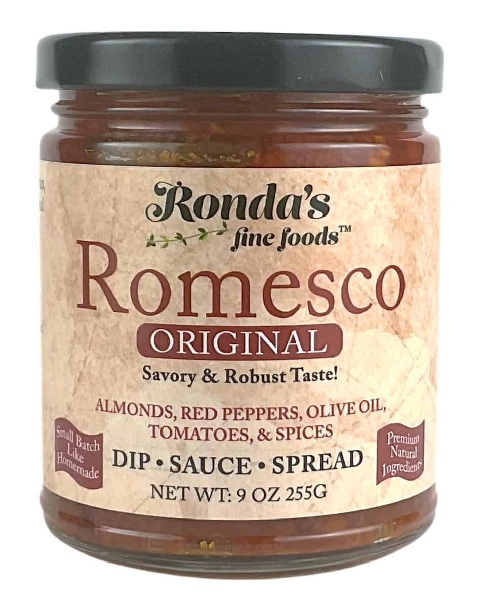 Ronda's Fine Foods Romesco front jar shows thick, artisanal texture ideal for spreading and dipping
