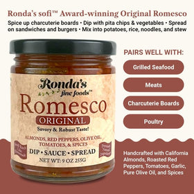 Ronda's Fine Foods Romesco jar pour image for drizzle-worthy grilling and veggies