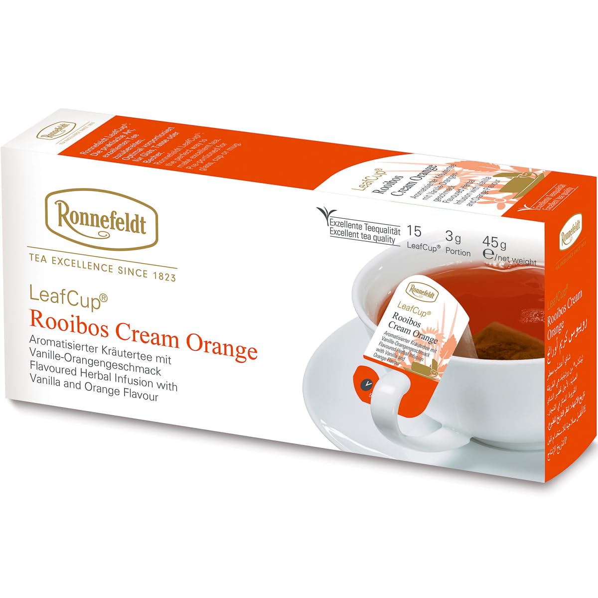 Ronnefeldt LeafCup Rooibos Cream Orange Chai brew in cup, caffeine-free relaxation.