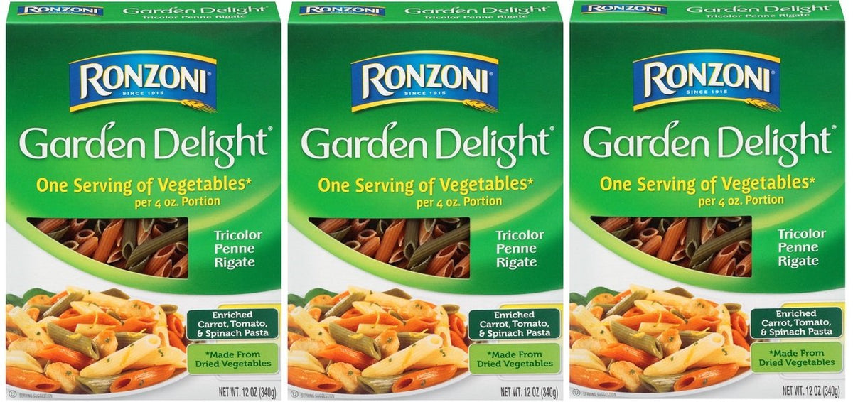 Ronzoni Garden Delight tricolor penne rigate 3-pack, vibrant pasta for sauces.