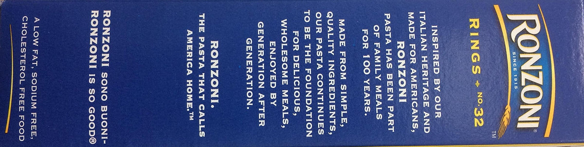 Ronzoni Rings enriched macaroni box shows USA-made claim for quality