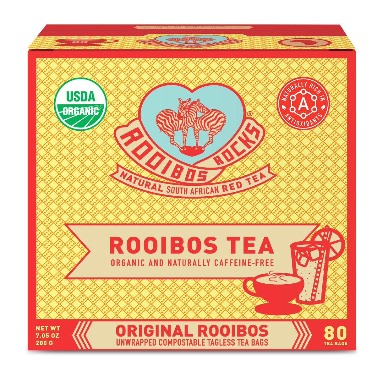 ROOIBOS ROCKS caffeine-free rooibos tea bags in package for sugar-free hydration