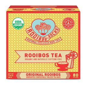 ROOIBOS ROCKS caffeine-free rooibos tea bags in package for sugar-free hydration
