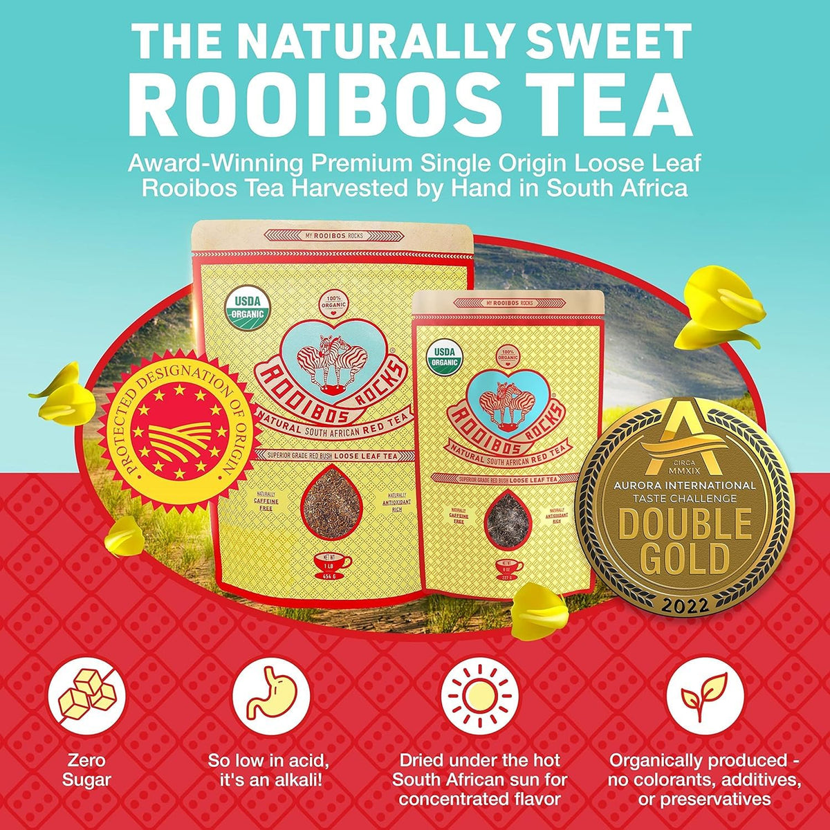 Rooibos Rocks infusion brewing cup, inviting aroma and smooth, caffeine-free flavor.