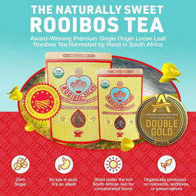 Rooibos Rocks infusion brewing cup, inviting aroma and smooth, caffeine-free flavor.