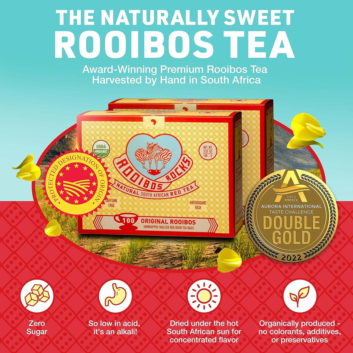 ROOIBOS ROCKS organic rooibos leaves on display for natural quality