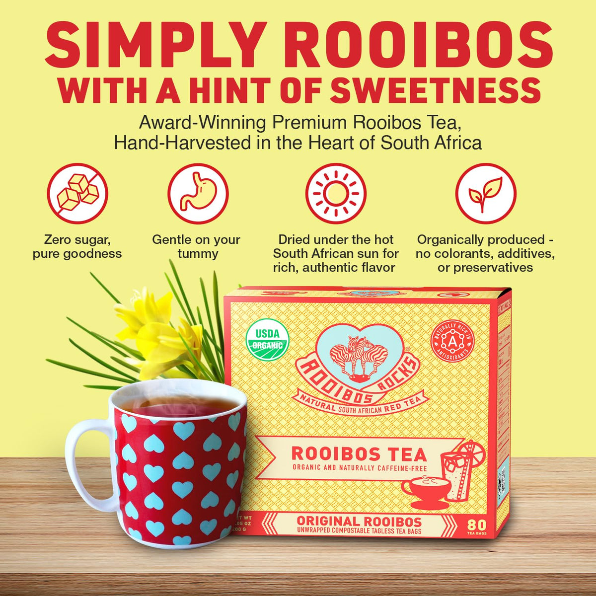 ROOIBOS ROCKS organic rooibos tea bags in foil pouches maintain freshness