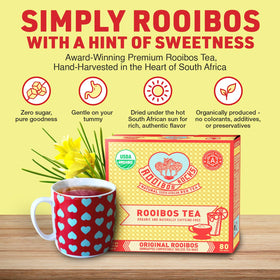 ROOIBOS ROCKS organic rooibos tea bags in foil pouches maintain freshness
