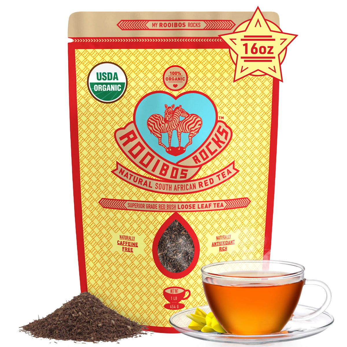 Rooibos Rocks organic rooibos tea leaves in a jar, antioxidant-rich and caffeine-free.